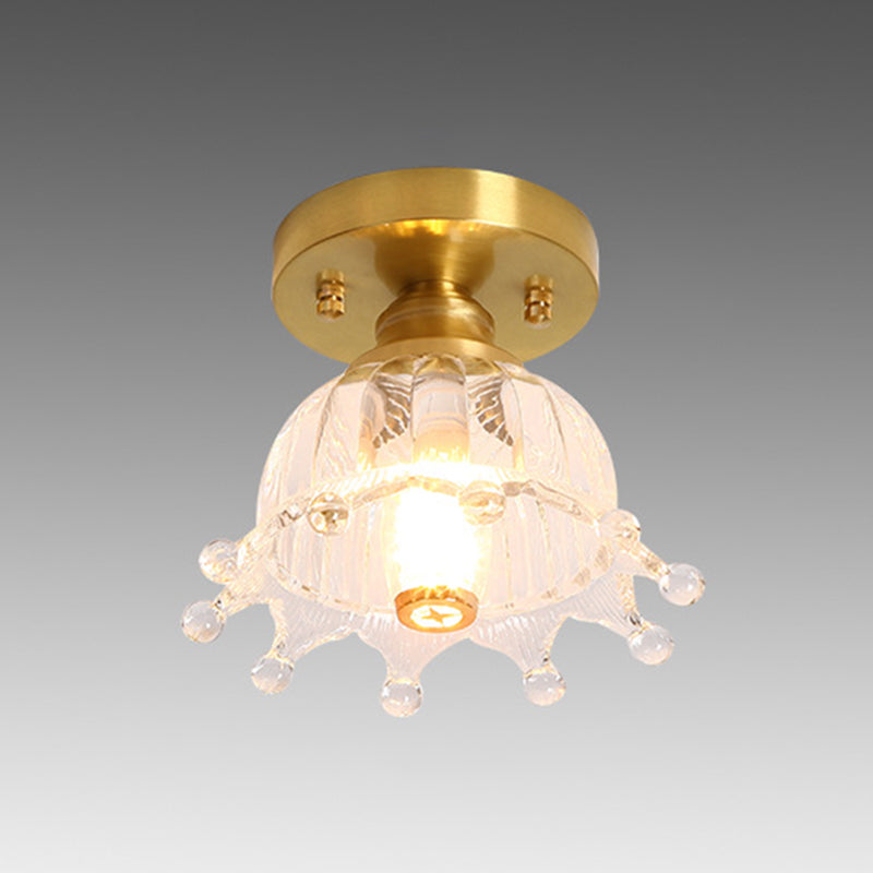 Small Foyer Ceiling Mounted Lamp Textured Glass 1-Bulb Minimalist Semi Flush Light in Brass