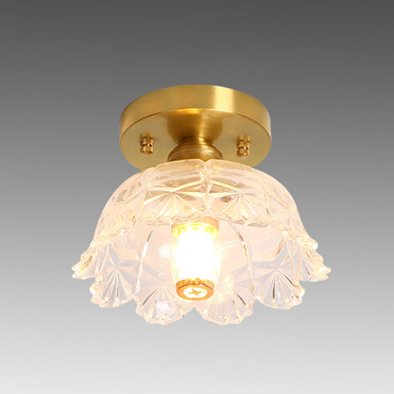 Small Foyer Ceiling Mounted Lamp Textured Glass 1-Bulb Minimalist Semi Flush Light in Brass