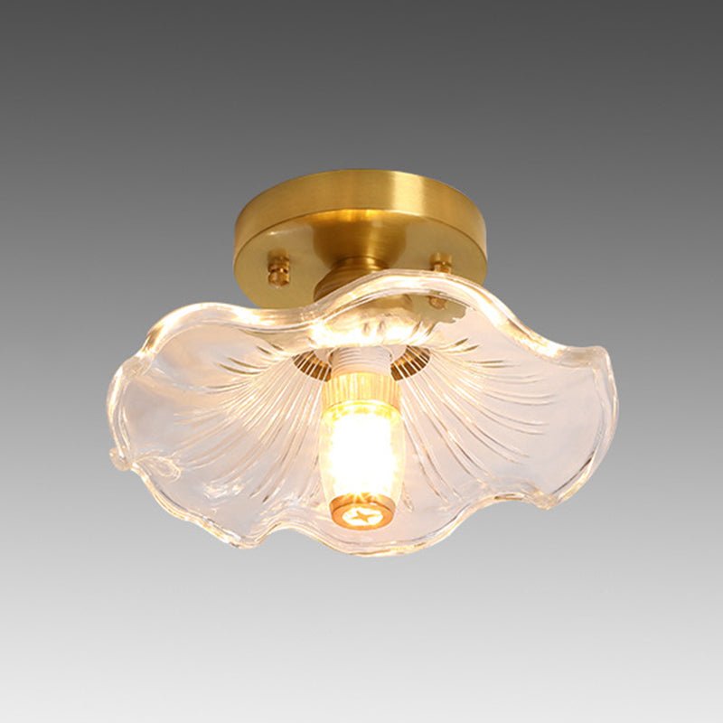 Small Foyer Ceiling Mounted Lamp Textured Glass 1-Bulb Minimalist Semi Flush Light in Brass
