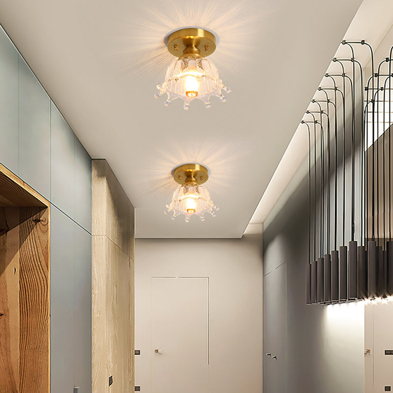 Small Foyer Ceiling Mounted Lamp Textured Glass 1-Bulb Minimalist Semi Flush Light in Brass
