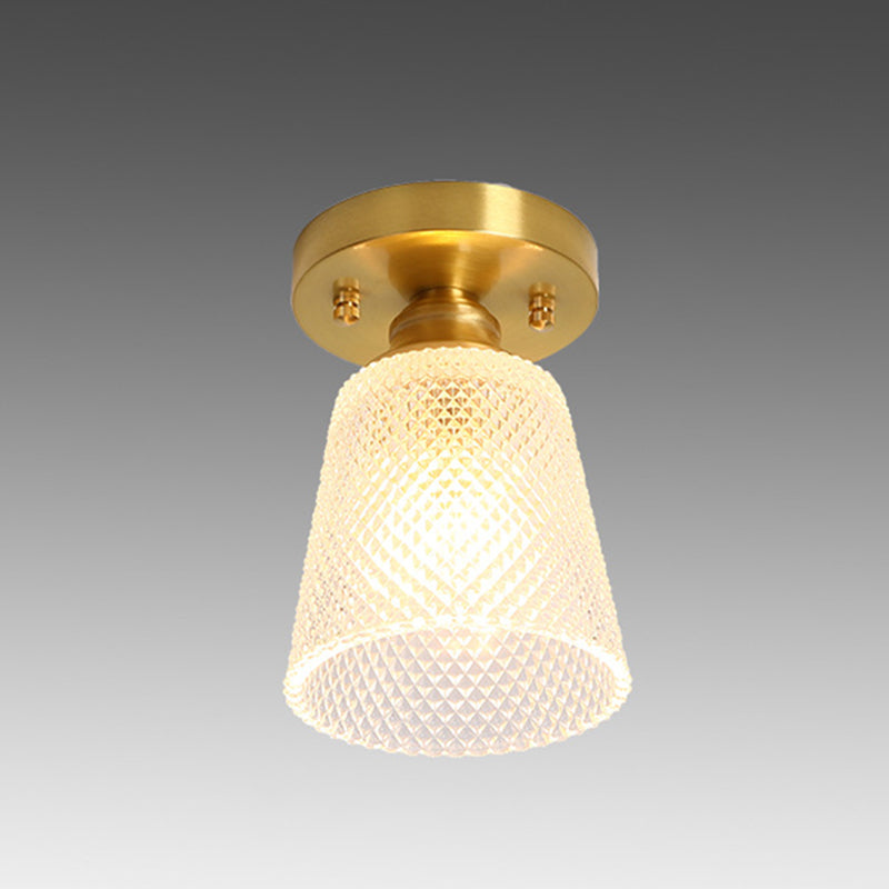 Small Foyer Ceiling Mounted Lamp Textured Glass 1-Bulb Minimalist Semi Flush Light in Brass