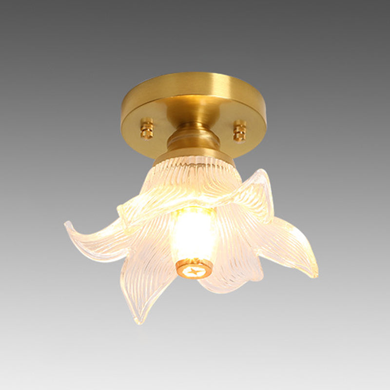 Small Foyer Ceiling Mounted Lamp Textured Glass 1-Bulb Minimalist Semi Flush Light in Brass