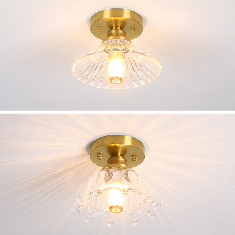 Small Foyer Ceiling Mounted Lamp Textured Glass 1-Bulb Minimalist Semi Flush Light in Brass