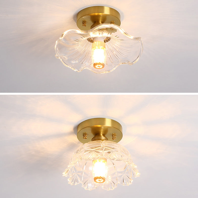 Small Foyer Ceiling Mounted Lamp Textured Glass 1-Bulb Minimalist Semi Flush Light in Brass