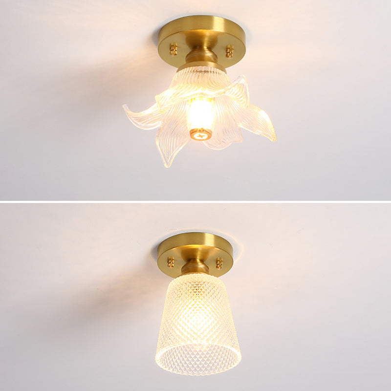 Small Foyer Ceiling Mounted Lamp Textured Glass 1-Bulb Minimalist Semi Flush Light in Brass