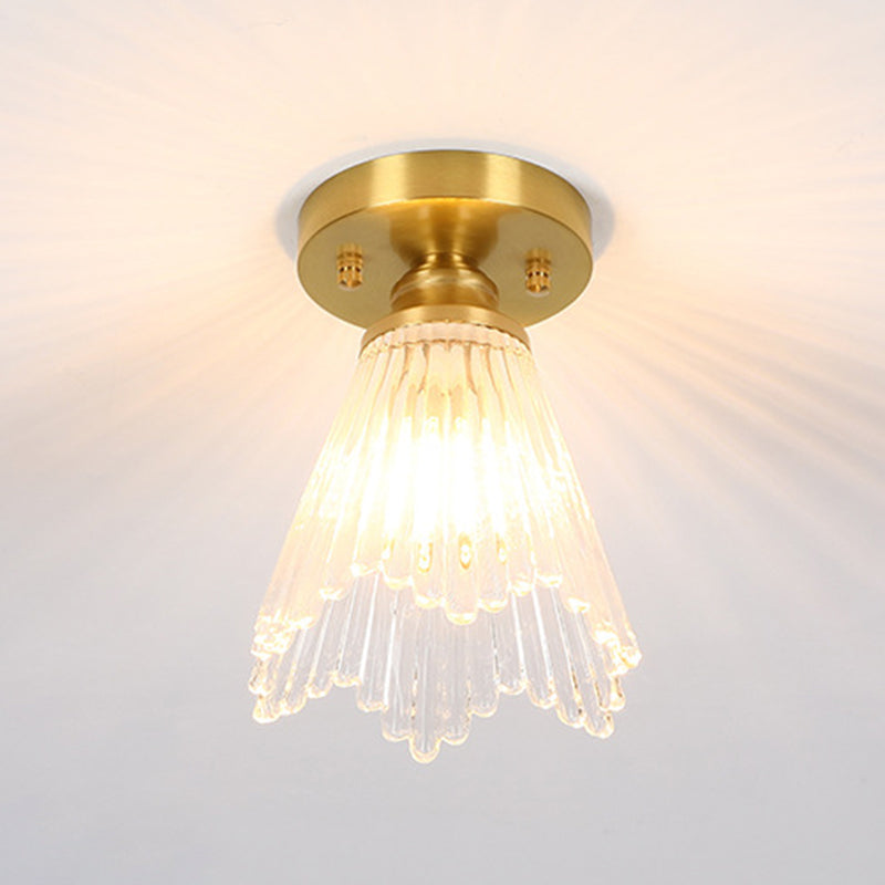 Small Foyer Ceiling Mounted Lamp Textured Glass 1-Bulb Minimalist Semi Flush Light in Brass