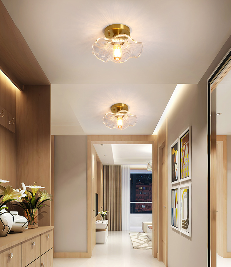Small Foyer Ceiling Mounted Lamp Textured Glass 1-Bulb Minimalist Semi Flush Light in Brass