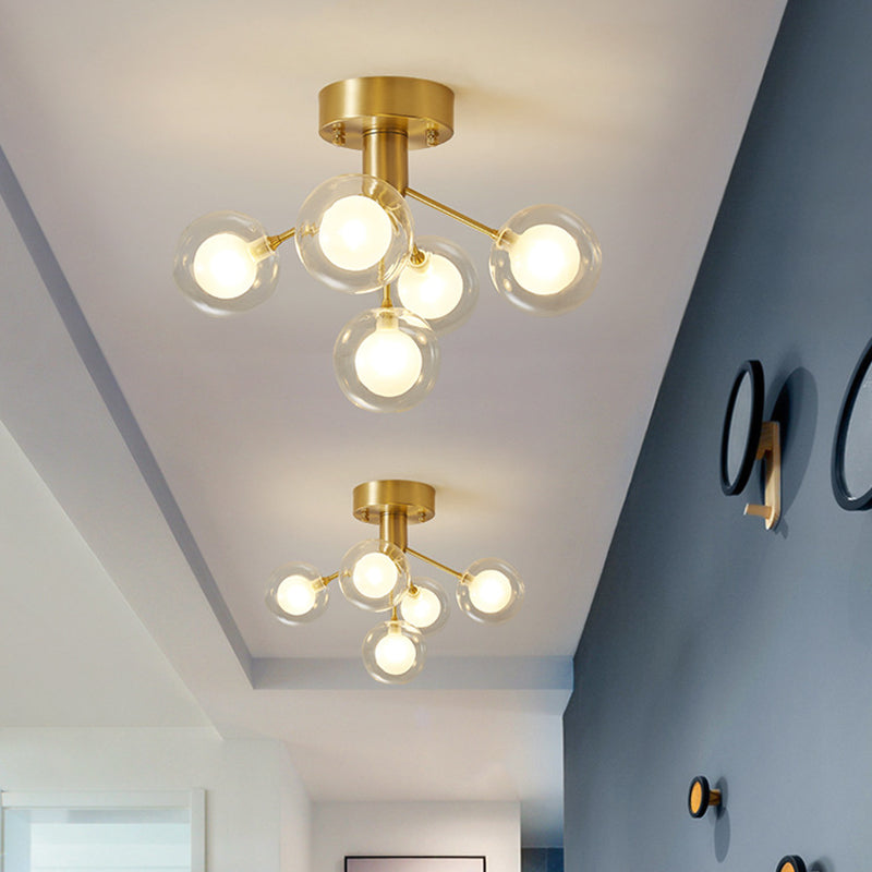 Ball Semi Flush Mount Chandelier Modern Clear and Frosted Glass 5-Light Corridor Ceiling Light