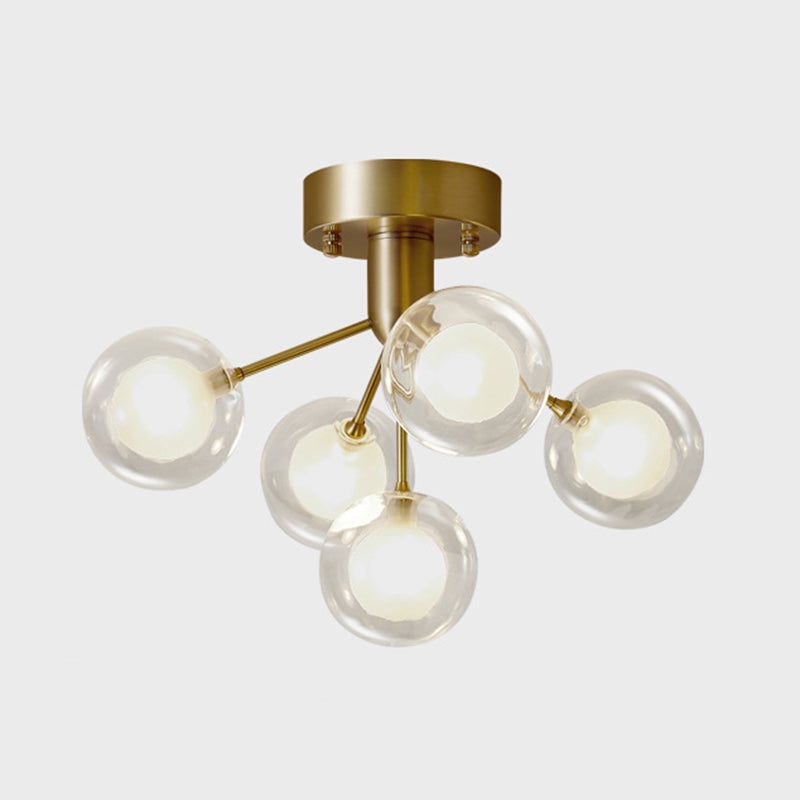Ball Semi Flush Mount Chandelier Modern Clear and Frosted Glass 5-Light Corridor Ceiling Light