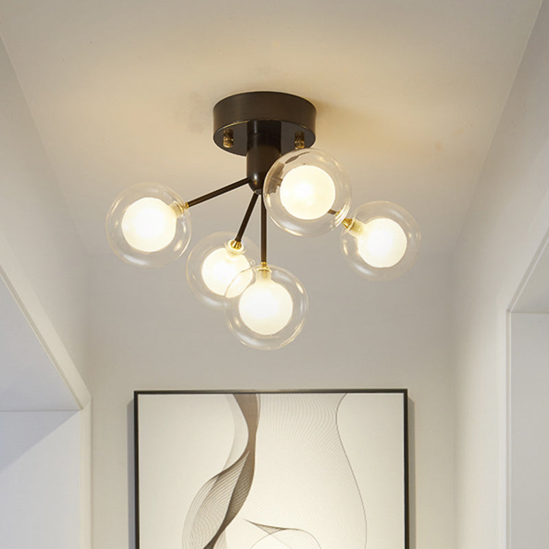 Ball Semi Flush Mount Chandelier Modern Clear and Frosted Glass 5-Light Corridor Ceiling Light