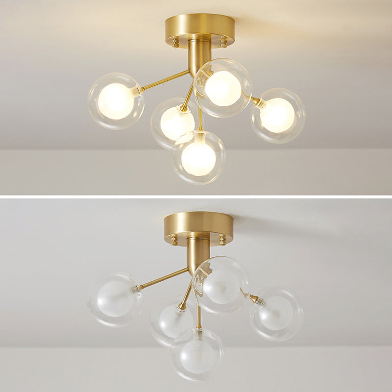 Ball Semi Flush Mount Chandelier Modern Clear and Frosted Glass 5-Light Corridor Ceiling Light