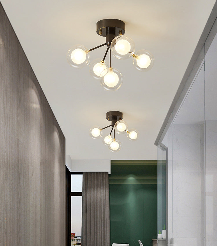 Ball Semi Flush Mount Chandelier Modern Clear and Frosted Glass 5-Light Corridor Ceiling Light