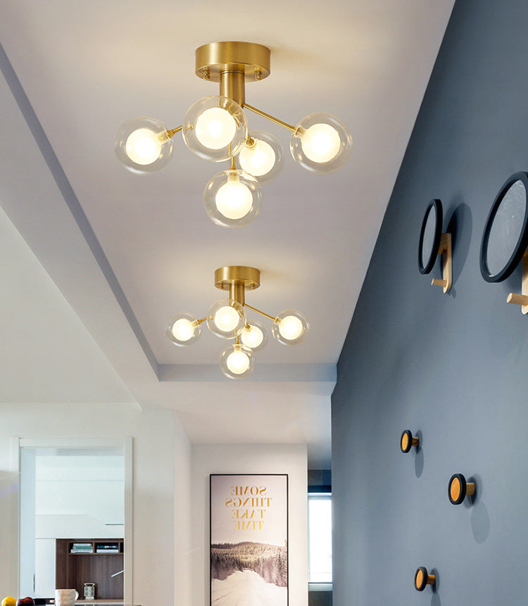 Ball Semi Flush Mount Chandelier Modern Clear and Frosted Glass 5-Light Corridor Ceiling Light