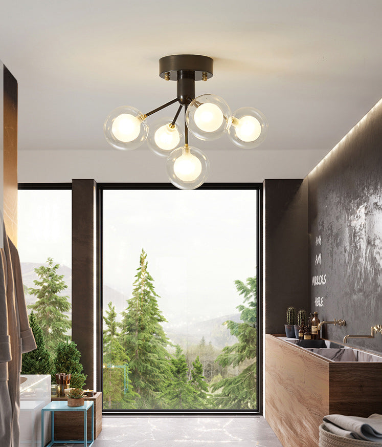 Ball Semi Flush Mount Chandelier Modern Clear and Frosted Glass 5-Light Corridor Ceiling Light