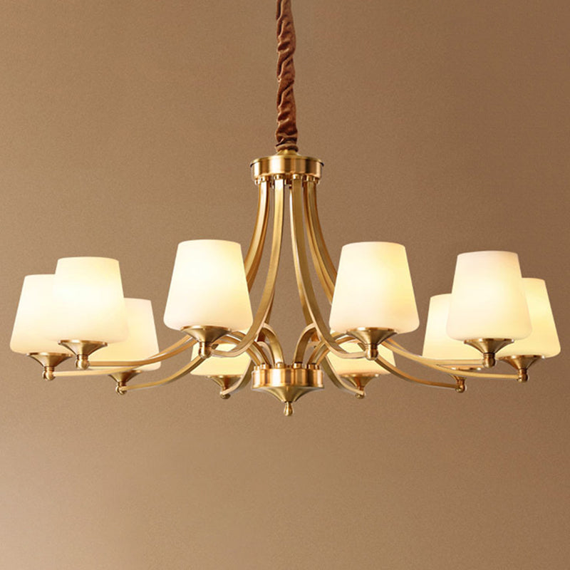 Post-Modern Curvy Arm Hanging Chandelier Light White Glass Shade Ceiling Chandelier in Gold for Living Room