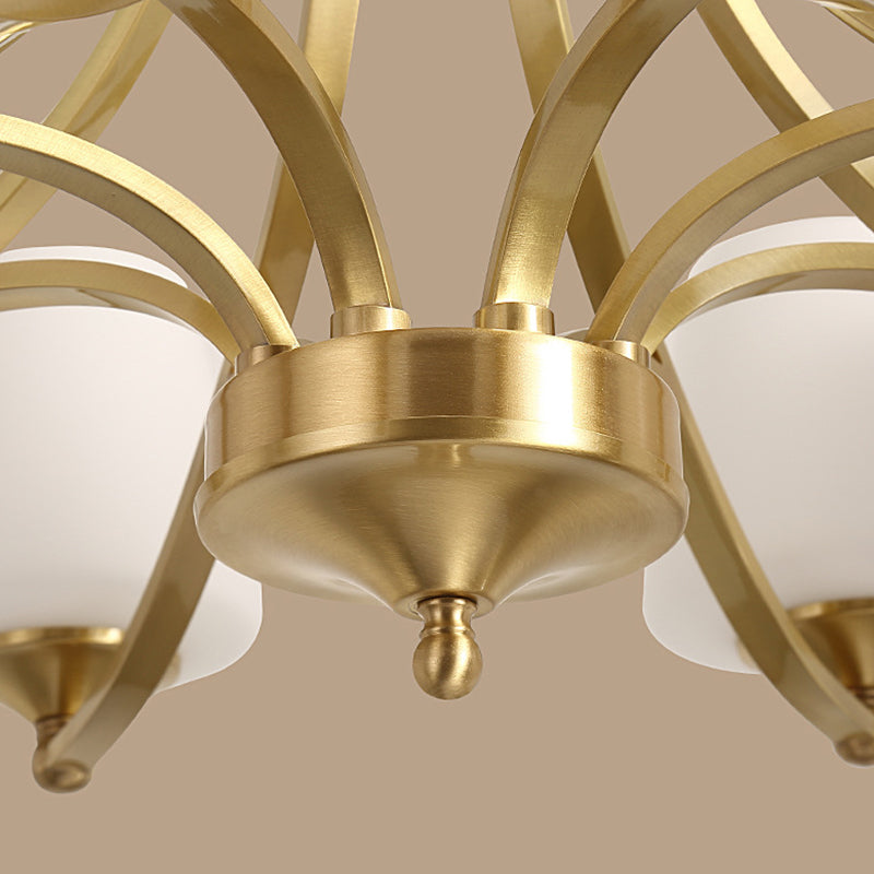 Post-Modern Curvy Arm Hanging Chandelier Light White Glass Shade Ceiling Chandelier in Gold for Living Room