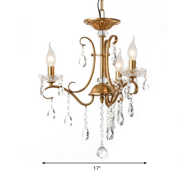 Droplet Chandelier Lighting Traditional Cut Crystal 3/6 Heads 17"/25.5" Wide Brass Suspension Pendant Light