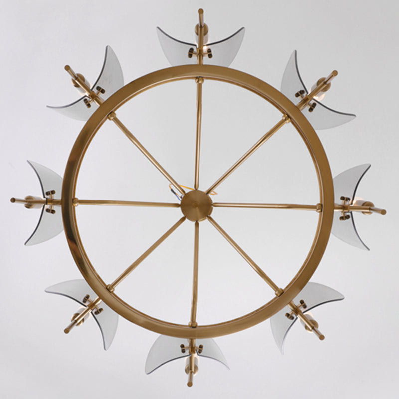 Modern Wagon Wheel Candle Chandelier Light Fixture Clear Glass Shaded Ceiling Chandelier in Gold for Bedroom