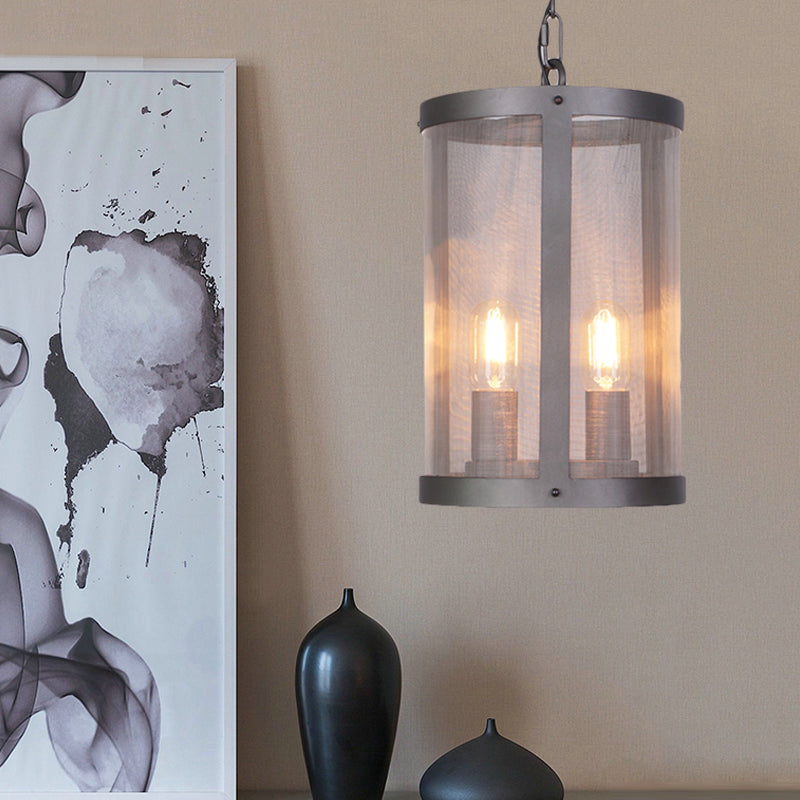 Cylindrical Screen Iron Hanging Pendant Farmhouse 2/4 Lights Black Chandelier Lighting