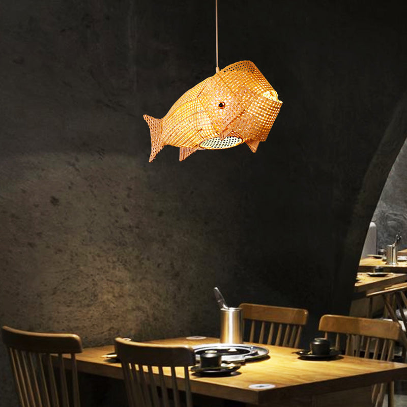 27.5" Wide Japanese Style Carp Hanging Light Bamboo Weaving Creative 1-Light Pendant for Restaurant