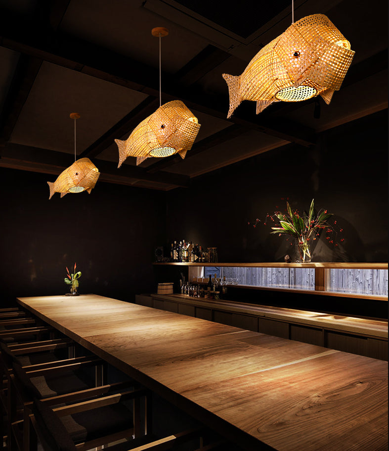 27.5" Wide Japanese Style Carp Hanging Light Bamboo Weaving Creative 1-Light Pendant for Restaurant