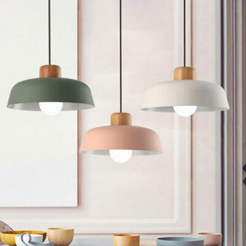 Noordse industriële stijl macaron kroonluchter aluminium lampenkap houten plafondlade slaapkamer hanglamp