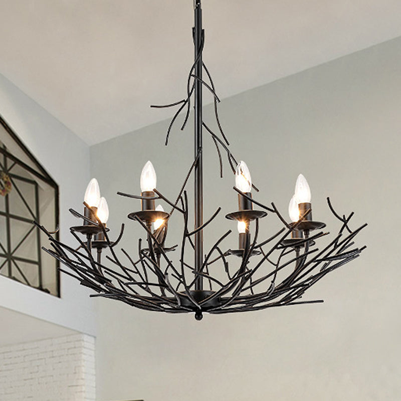 Vintage Nest Shape Chandelier Lamp 8-Light Metallic Hanging Ceiling Pendant in Black