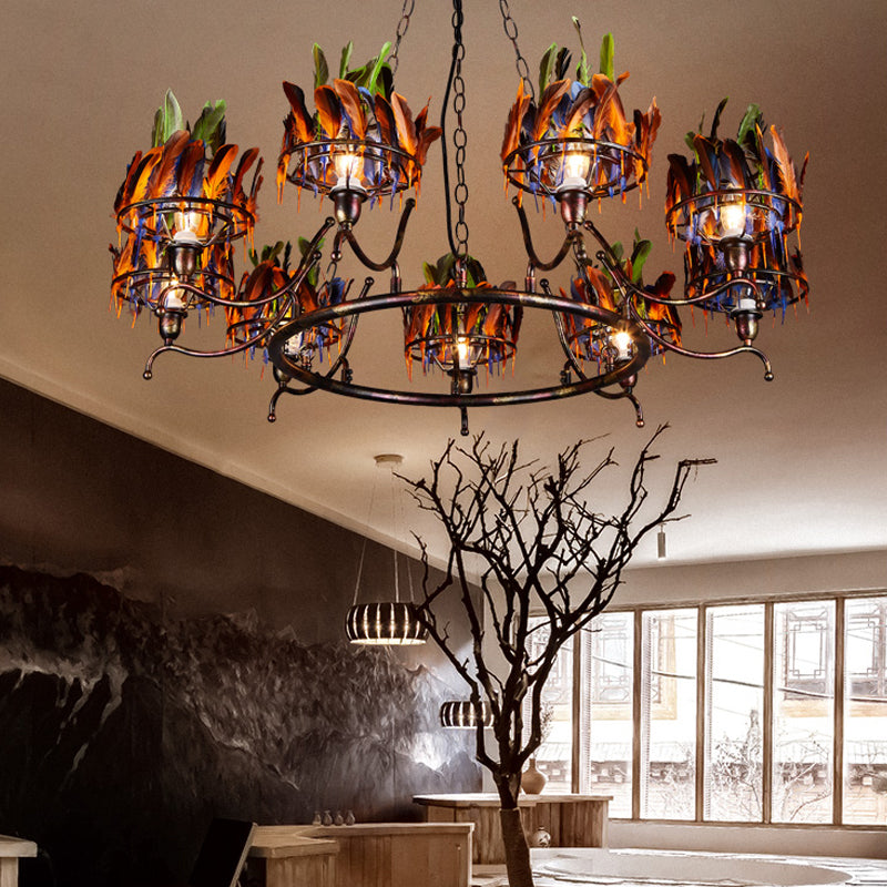 Copper Finish 9-Head Chandelier Lamp Traditional Iron Circular Suspension Pendant with Indian Feather Headwear Element