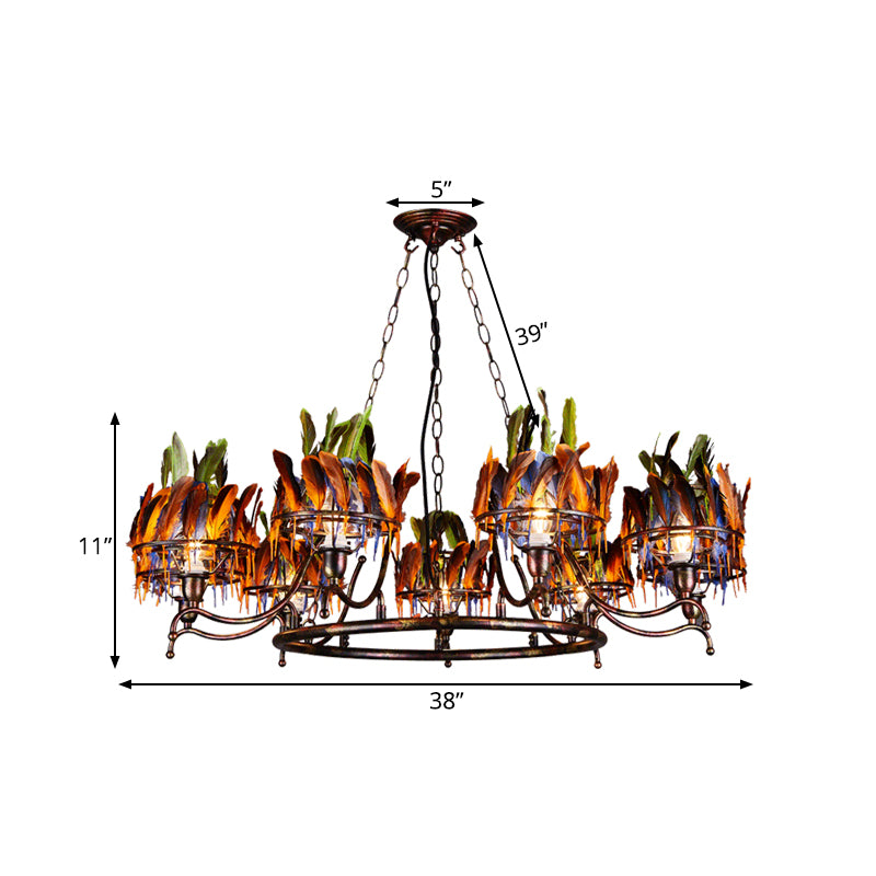 Copper Finish 9-Head Chandelier Lamp Traditional Iron Circular Suspension Pendant with Indian Feather Headwear Element