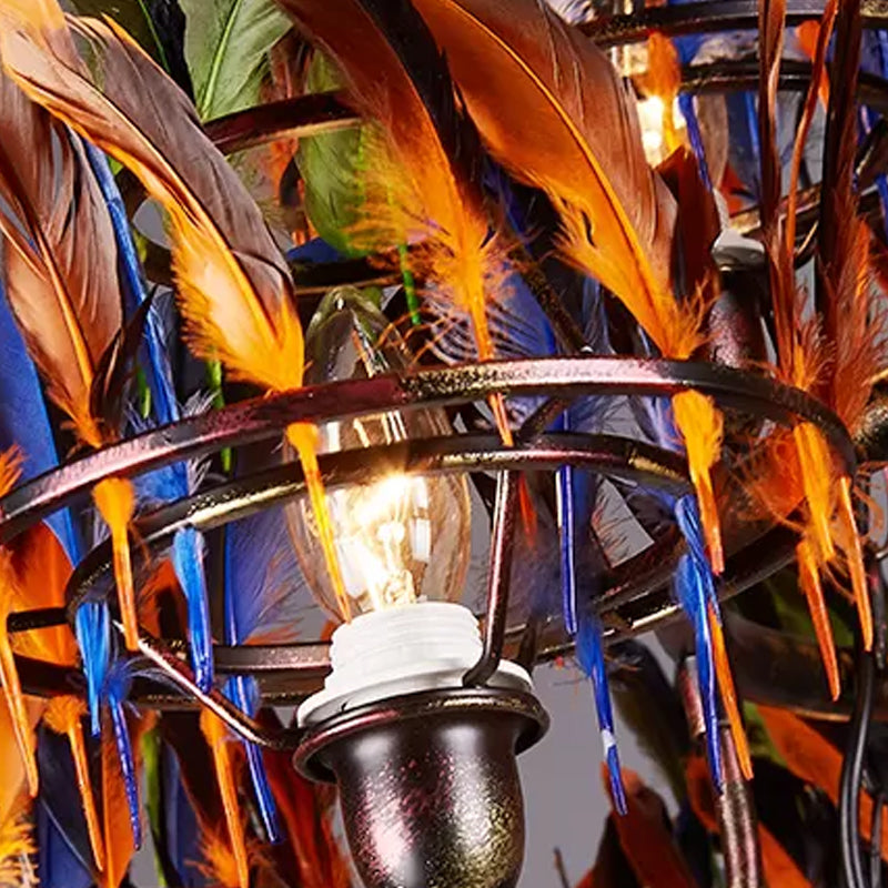 Copper Finish 9-Head Chandelier Lamp Traditional Iron Circular Suspension Pendant with Indian Feather Headwear Element