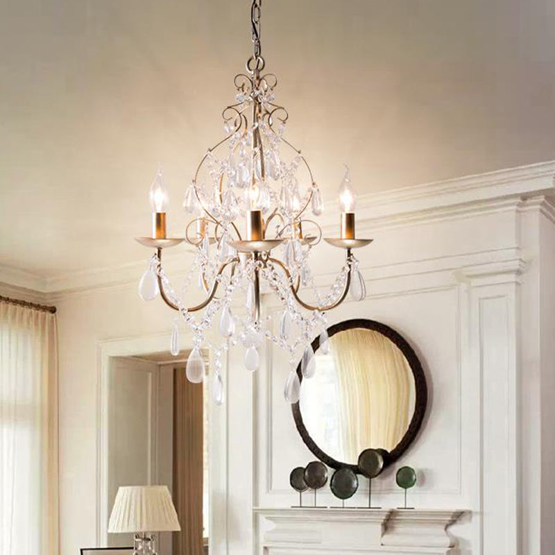 Metal Candle Ceiling Chandelier Tradition 5 Bulbs Hanging Light Kit in Antique Brass with Crystal Teardrop