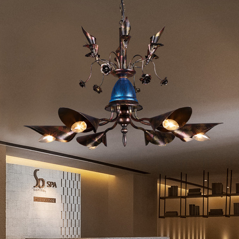 6-Light Bell Chandelier Traditional Blue Iron Hanging Pendant with Red Flame Conical Shade