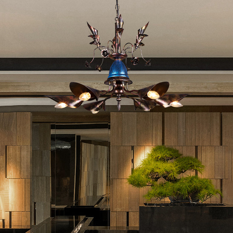 6-Light Bell Chandelier Traditional Blue Iron Hanging Pendant with Red Flame Conical Shade