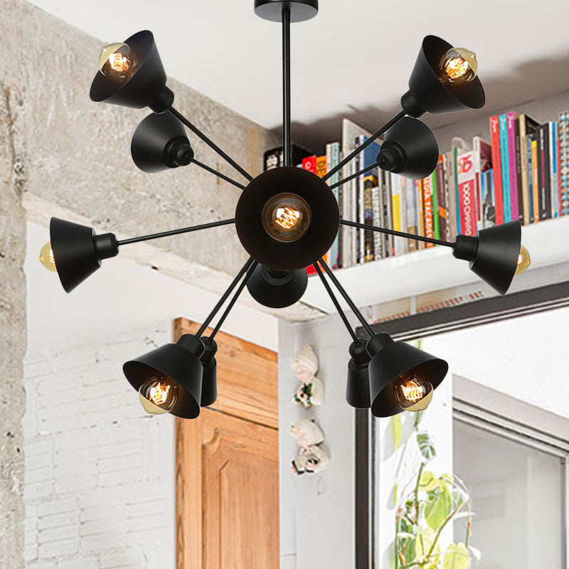 Cone Shade Metal Hanging Lamp Industrial Stylish 9/12/15 Lights Black Chandelier Pendant Light with Sputnik Design