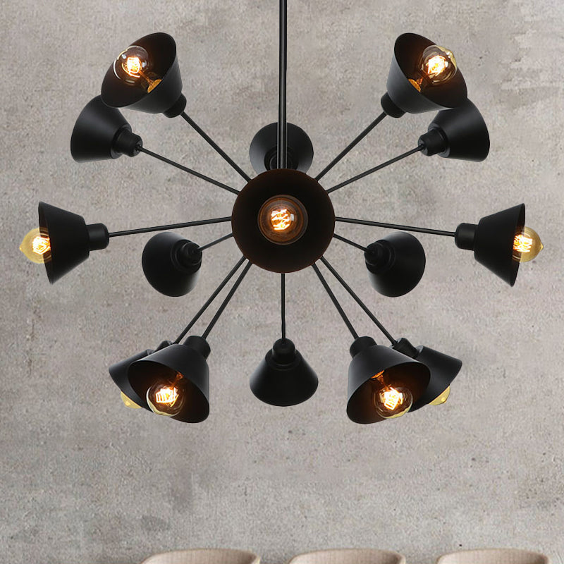 Cone Shade Metal Hanging Lamp Industrial Stylish 9/12/15 Lights Black Chandelier Pendant Light with Sputnik Design