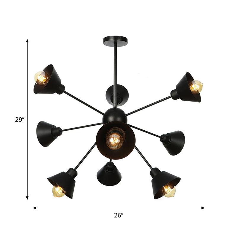 Cone Shade Metal Hanging Lamp Industrial Stylish 9/12/15 Lights Black Chandelier Pendant Light with Sputnik Design