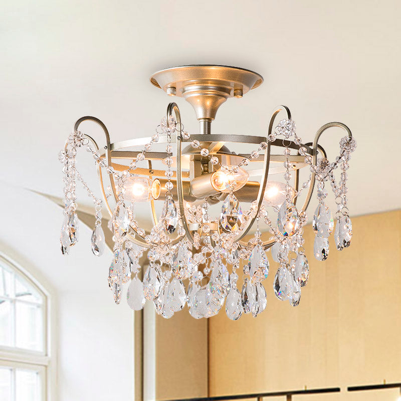 Droplet Semi Flush Traditional Beveled Crystal 4 Bulbs Brass Ceiling Mount Light Fixture