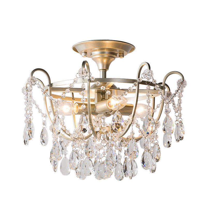 Droplet Semi Flush Traditional Beveled Crystal 4 Bulbs Brass Ceiling Mount Light Fixture