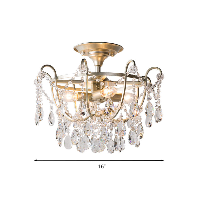Droplet Semi Flush Traditional Beveled Crystal 4 Bulbs Brass Ceiling Mount Light Fixture
