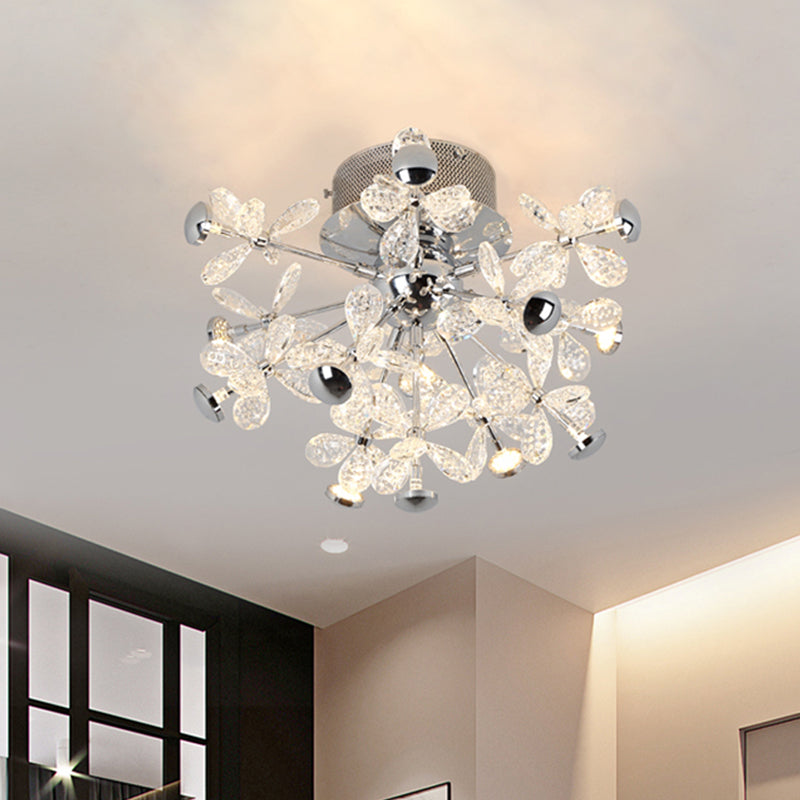 Flower Crystal Semi Flush Mount Modernist 13 Heads Silver Close to Ceiling Lamp for Living Room