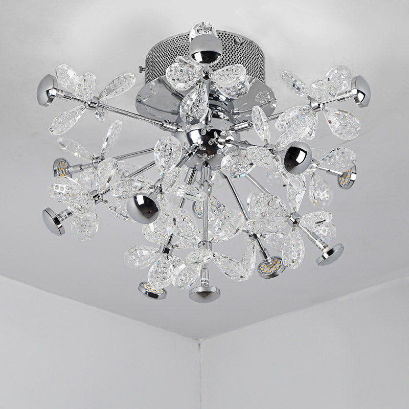 Flower Crystal Semi Flush Mount Modernist 13 Heads Silver Close to Ceiling Lamp for Living Room