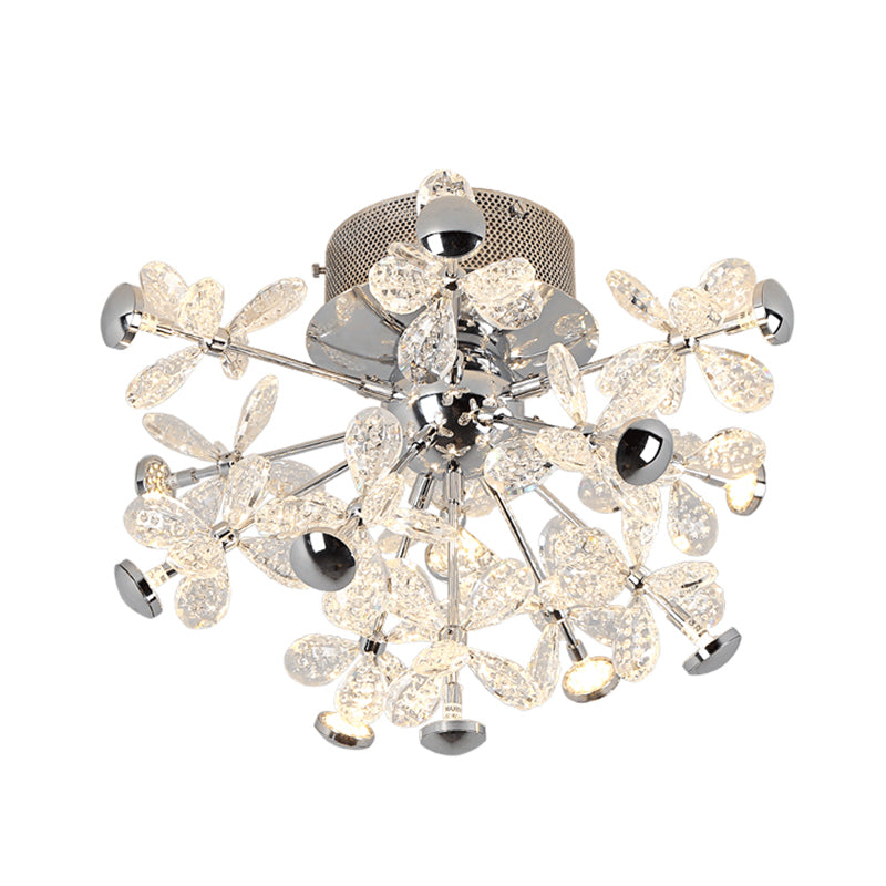 Flower Crystal Semi Flush Mount Modernist 13 Heads Silver Close to Ceiling Lamp for Living Room