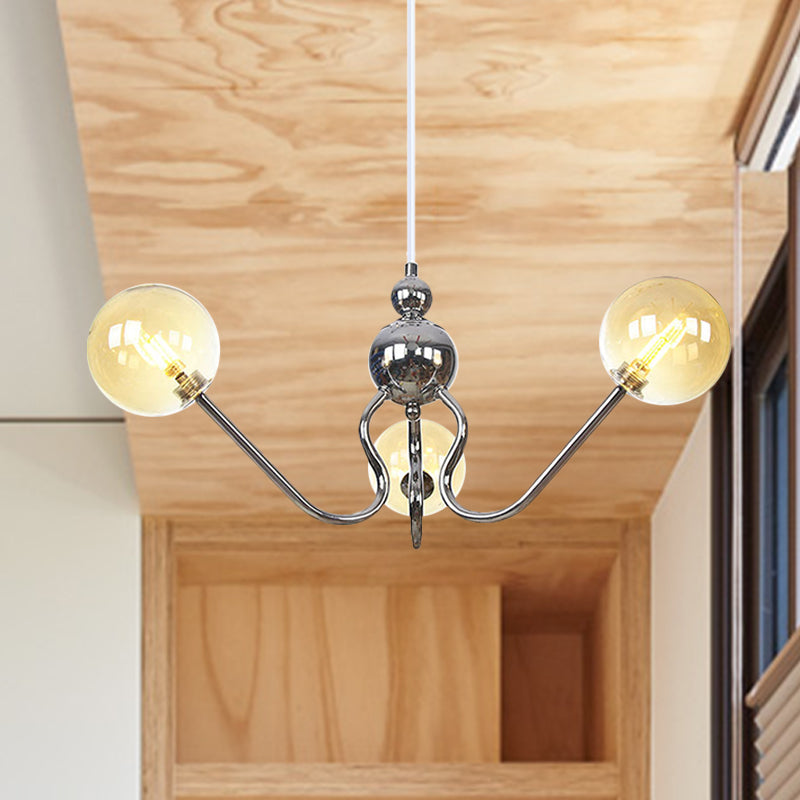 Industrial 3 Heads Hanging Chandelier Lamp with Amber/Clear Glass Shade Black/Chrome Finish Orbit Ceiling Lighting