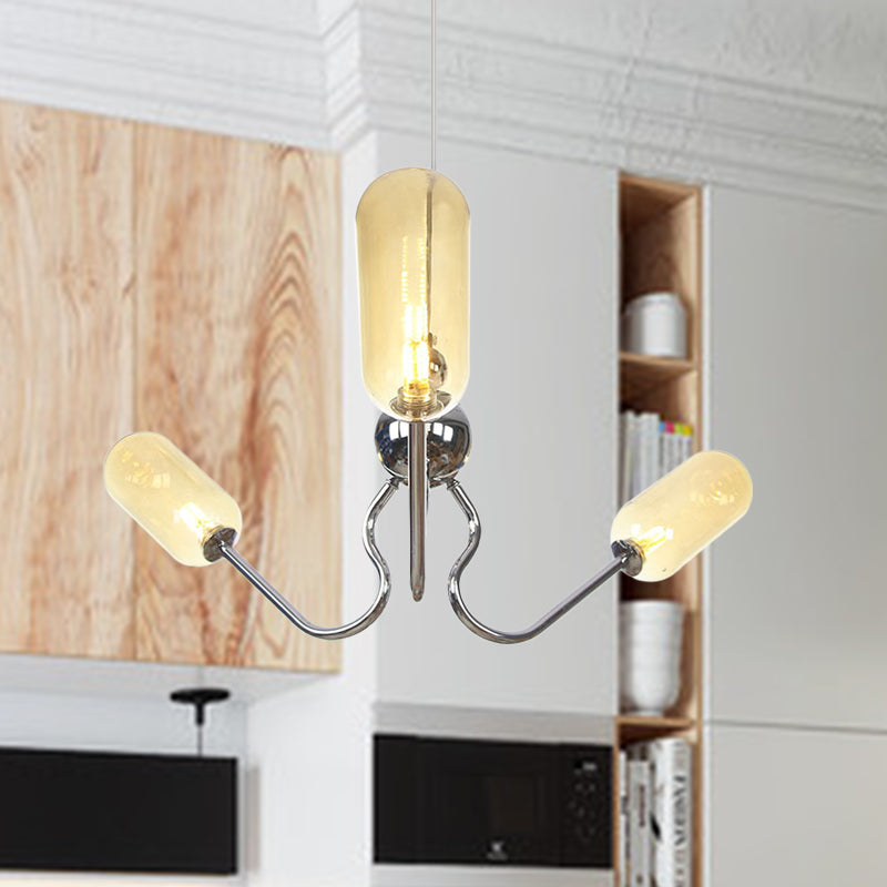 Vintage Oval Kronleuchterbeleuchtung Bernstein/klares Glas 3 Köpfe Wohnzimmer Deckenlampe mit einstellbarem Kabel in Schwarz/Chrom