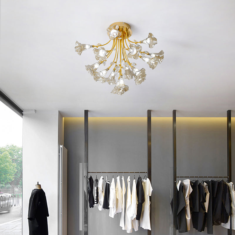 Gold Starburst Semi Flush contemporáneo 16 cabezas Cristal Techo de montaje Luz de la lámpara