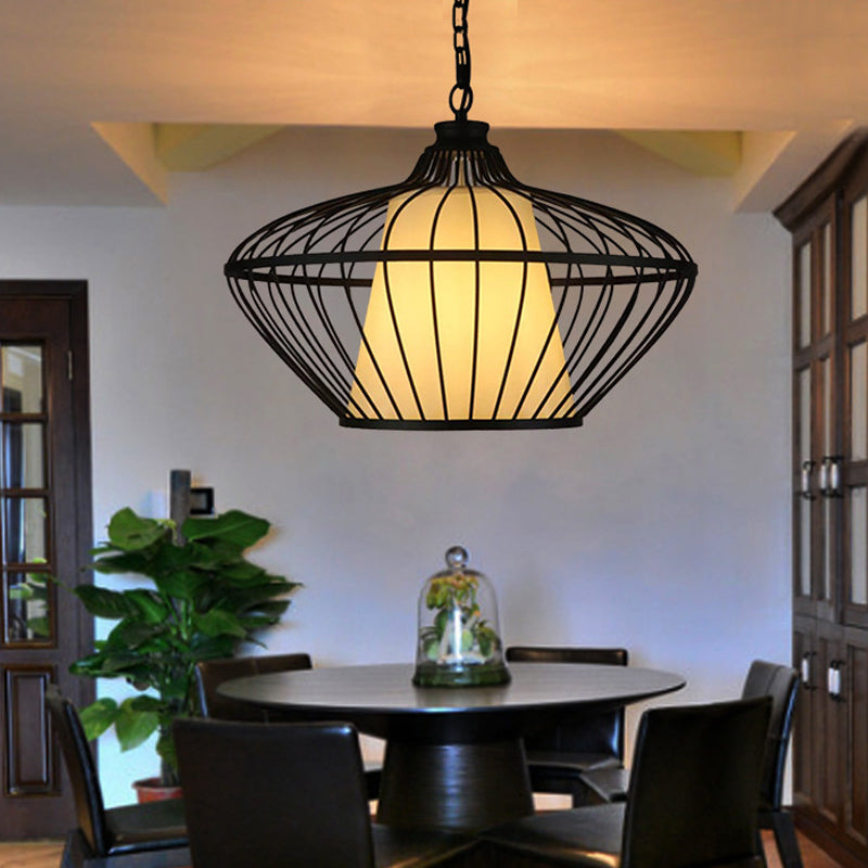 1 Light Basket Ceiling Suspension Lamp Classic Black Metallic Pendant Lighting Fixture