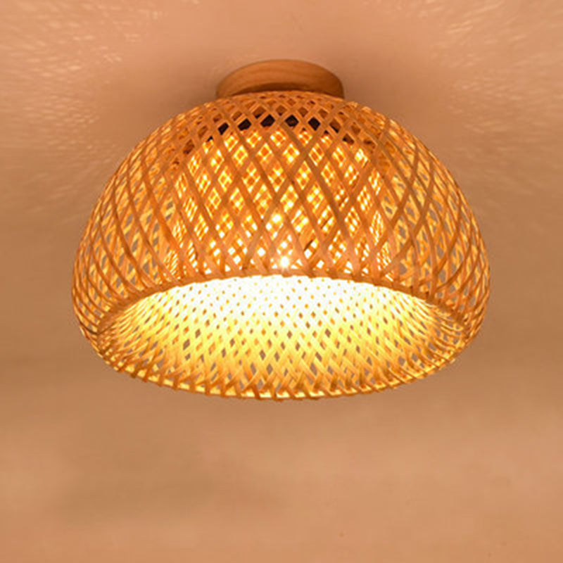 Asian Style Handmade Bamboo Weaving Ceiling Light 1 Head Wooden Ceiling Lamp for Restaurant