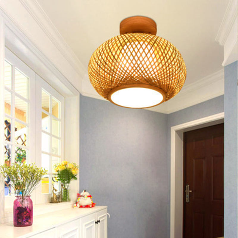 Asian Style Handmade Bamboo Weaving Ceiling Light 1 Head Wooden Ceiling Lamp for Restaurant