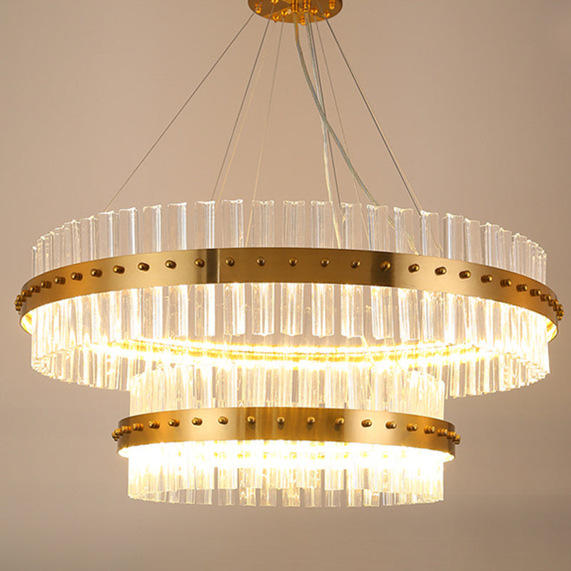 Gold Plated Round Chandelier Lamp Minimalist Crystal LED Hanging Light with Riveted Detail