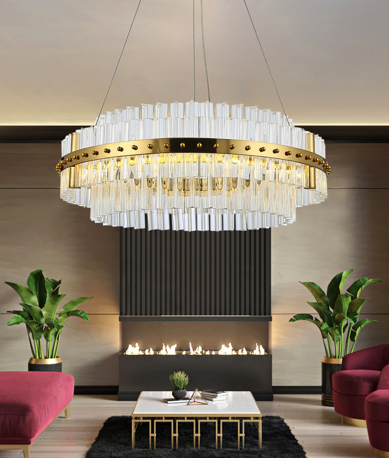 Gold Plated Round Chandelier Lamp Minimalist Crystal LED Hanging Light with Riveted Detail